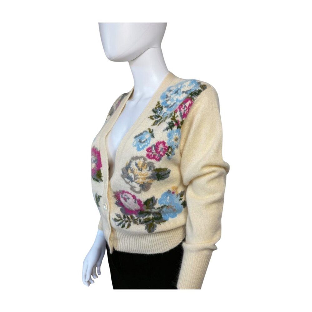 Vintage Lambswool Angora Floral Cardigan Sweater Made in Hong Kong Small